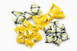 Summer Spotlight! Sunny Bee and Garden Plaid Bow Ties and Collar Flowers for Dogs