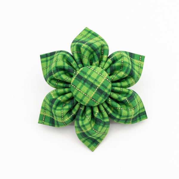 Green and Gold Plaid Dog Collar Flower