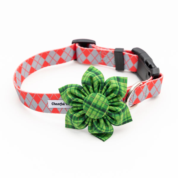 Green and Gold Plaid Dog Collar Flower
