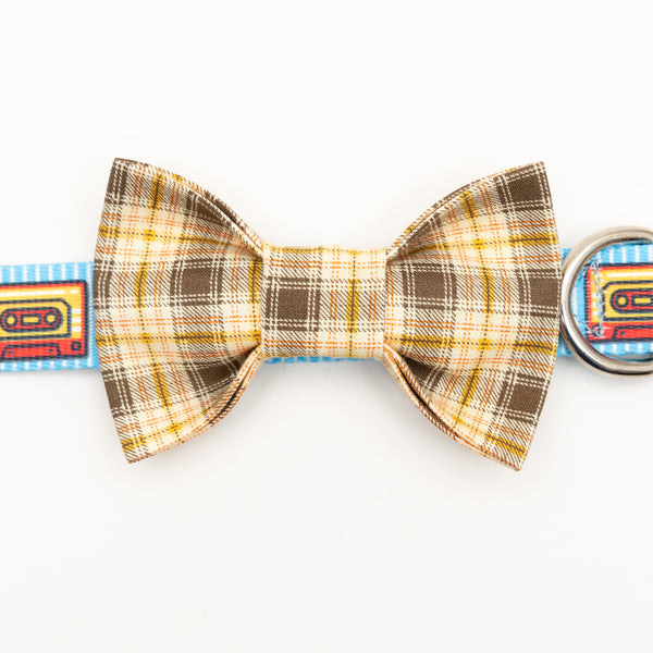 Chocolate Plaid Dog Bow Tie on Cassette Mix Tape Dog Collar by Cheerful Hound